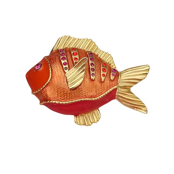 Pink Orange Fish Brooch Enamel Rhinestone Pin J331