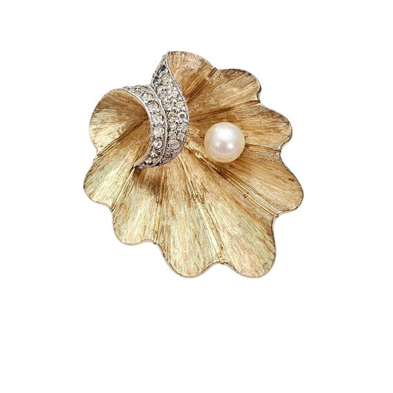 Jomaz Gold Tone Clam Shell Brooch Clear Rhinestone Genuine Pearl Pin, Signed