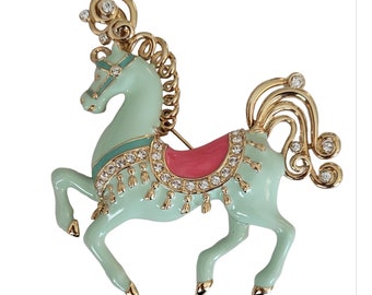 Bob Mackie Pink Green Enamel Clear Rhinestone Fancy Carousel Horse Brooch, Signed K495