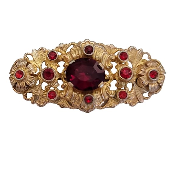 Czech Goldtone Filigree Red Rhinestone Oval Bar Brooch Pin, C Clasp M813