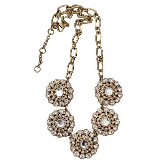 J Crew Gold Tone Round Glass, Plastic Rhinestone Medallions Collar Chain Necklace E545