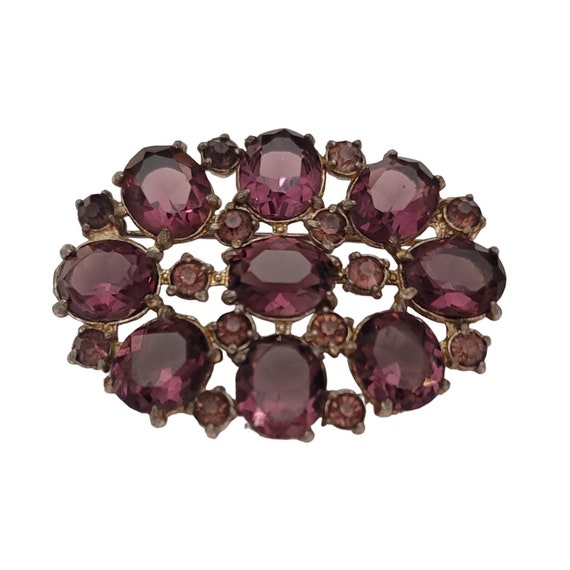 Silver Tone Oval Purple Rhinestone Pot Metal Brooch E612