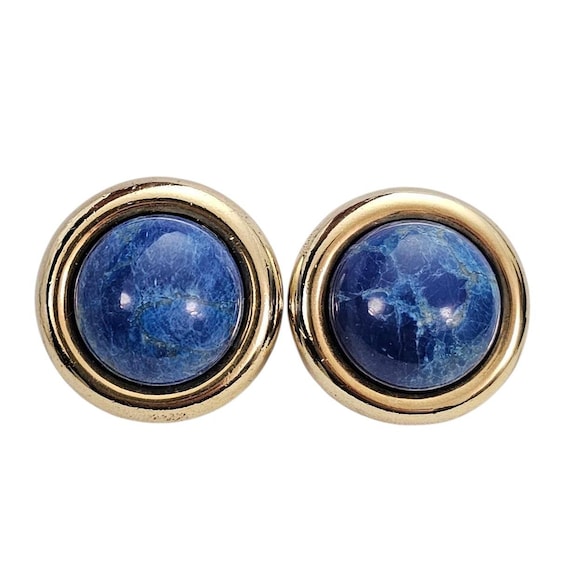 Gold Tone Blue Marbled Stone Clip-On Earrings