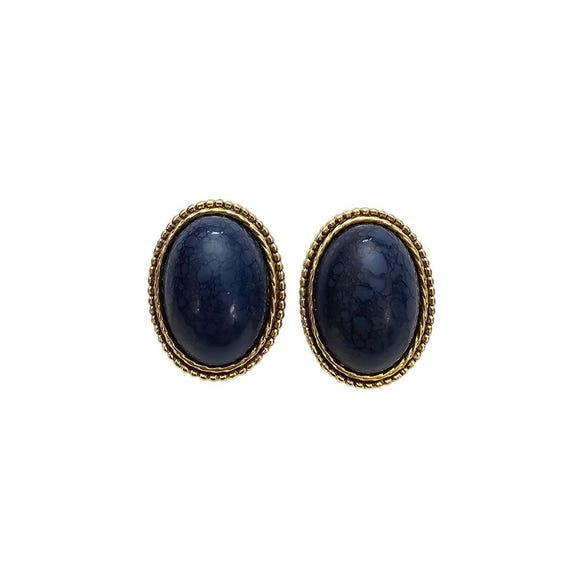 1928 Brand Oval Blue Marble Lucite Clip On Gold Tone Ribbed Earrings J564