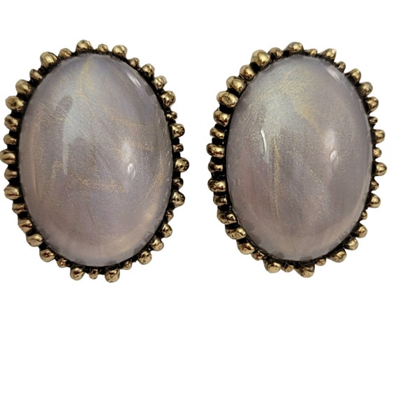 Ciner Gold Tone Purple, Gray Swirl Lucite Cabochon Clip On Earrings, Signed