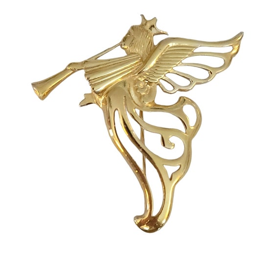 Givenchy Gold Tone Angel Blowing Horn Brooch Pin, Signed M456