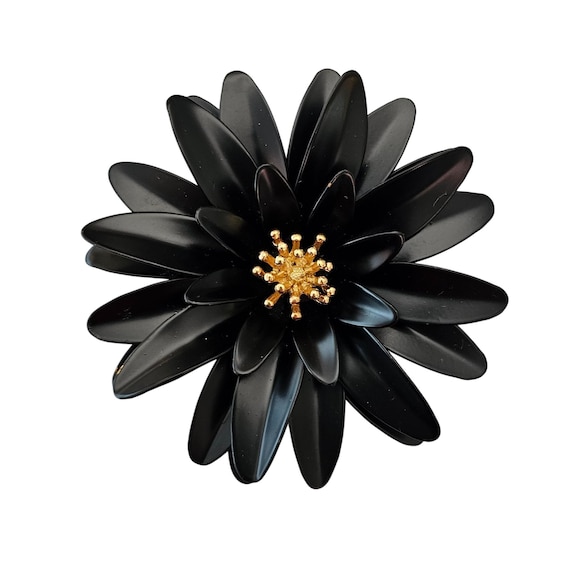 Trifari Crown Over T Black Metal Flower Brooch Gold Tone Vintage Pin Signed J762