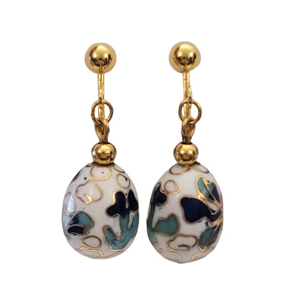 Vintage Gold Tone Blue White Cloisonné Egg Dangle Clip-On Earrings E847