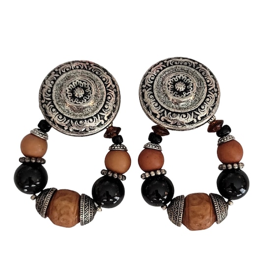 Vintage Funky Silver Tone Round Gilt-Style W/ Glass Black, Brown Plastic Bead Jackets Clip On Earrings K426
