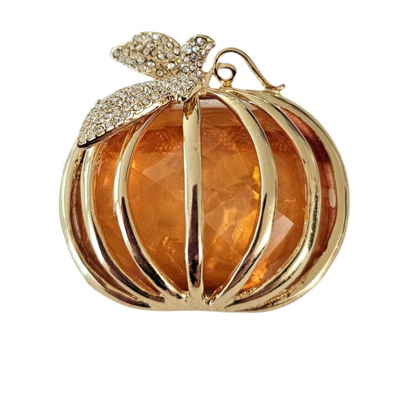 Napier Gold-Tone Caged Orange Resin Pumpkin Rhinestone Leaf Brooch Pin, Signed L98