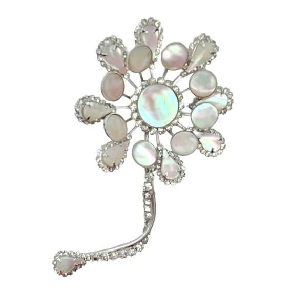 Hattie Carnegie Silver Tone Statement Mother Of Pearl, Clear Rhinestone Flower Brooch , Signed