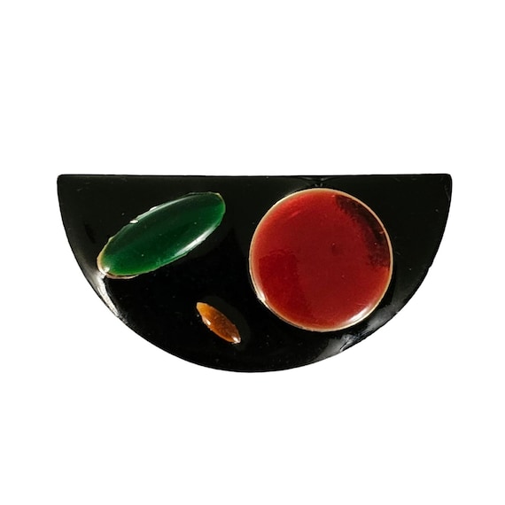 Black Red Green Modernist Enamel Half Moon Brooch L240