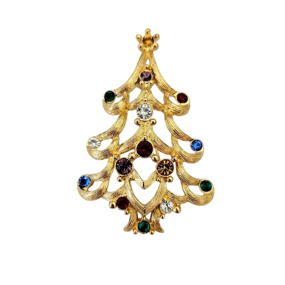 Monet Christmas Tree Gold Tone Brooch Multi Color Rhinestone Vintage Pin C633