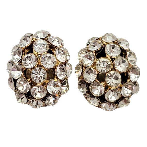 Donald Stannard Gold Tone Clear Rhinestone Oval Domed Clip On Earrings, Signed E967