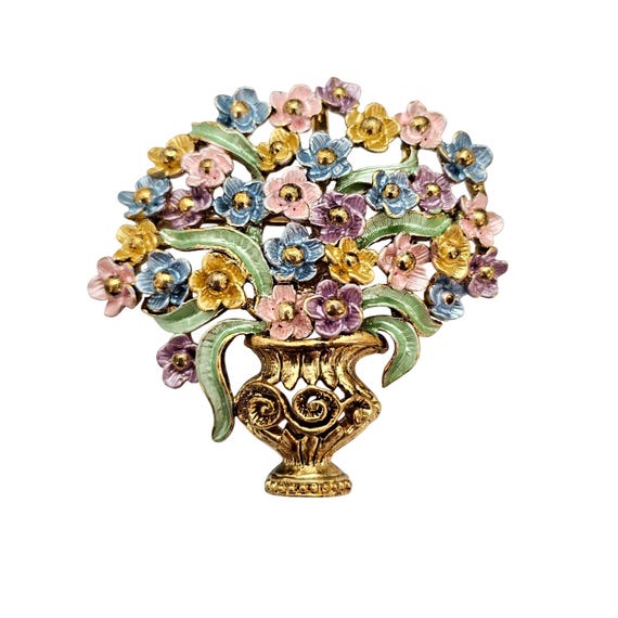 Vase Flower Bouquet Brooch Pink Blue Yellow Enamel Pin, Enhancer J756