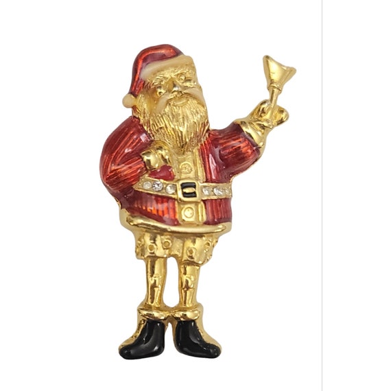 Gold Tone Red Black Enamel Clear Rhinestone Santa Brooch Pin K193