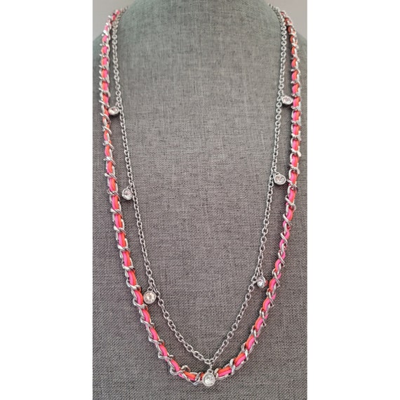 Ann Taylor Silver Tone Pink Orange Cord, Clear Crystal Stations Chains, Multi Chain Necklace E874