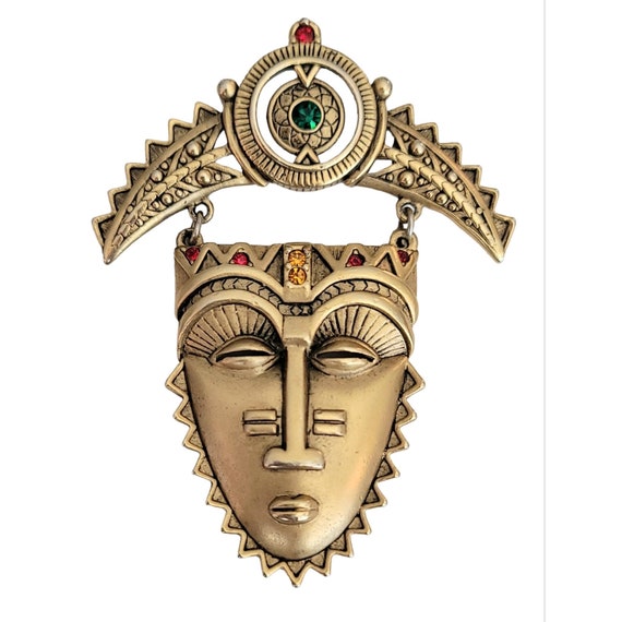 Avon Gold Tone, Rhinestone Articulated Mask Brooch, Signed M274