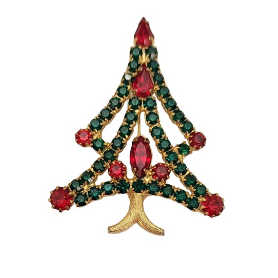 Gold Tone Red, Green Prong Set Rhinestone Christmas Tree Brooch E277