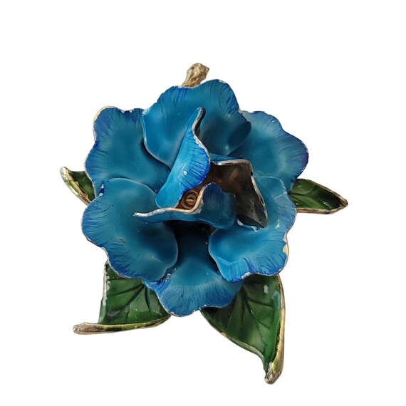 Vintage Blue Green Rose On Leafy Branch Brooch E590