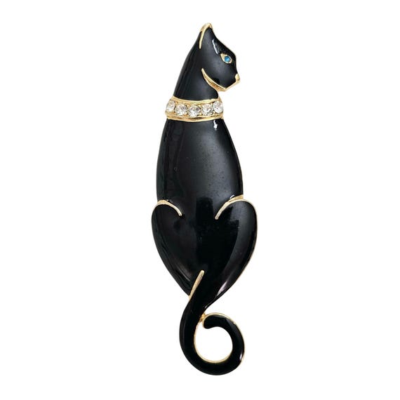 Trifari TM Black Enamel Cat Brooch Clear Rhinestone Blue Eye Pin, Signed