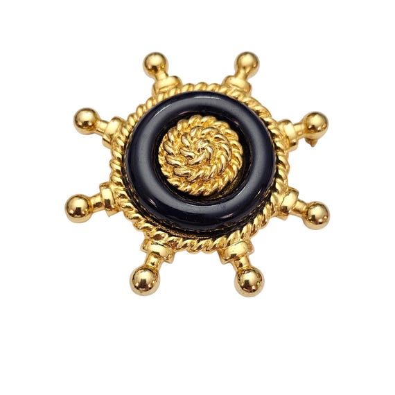 Gold Tone Ships Wheel Blue Lucite Brooch C841