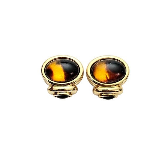Monet Vintage Tortoise Amber Color Oval Clip On Gold Tone Earrings J602