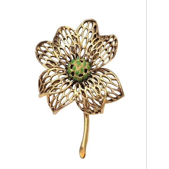Monet Gold Tone Green Enamel Filigree Style Flower Brooch, Signed K559