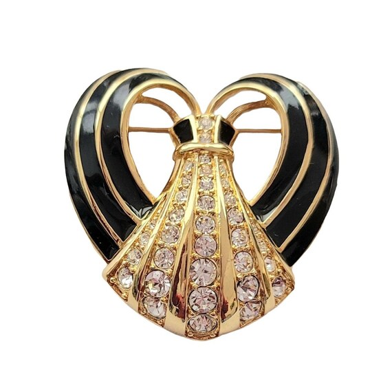 Swarovski Black Enamel Cloisonne Clear Crystal Rhinestone Heart Brooch, Signed