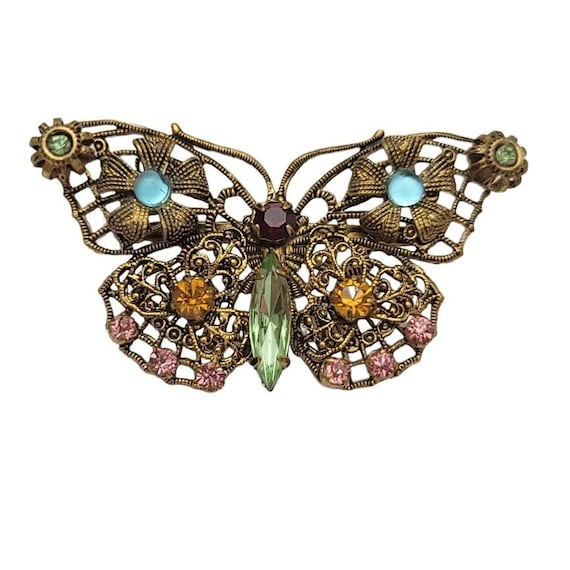 Signed Made In Czechoslovakia Gold Tone Multicolor Rhinestone Butterfly Brooch Pin M833