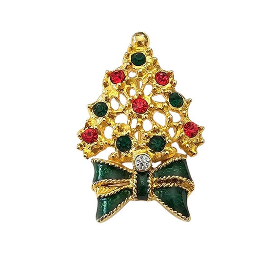 Red Green Rhinestone Christmas Tree Brooch Green Enamel Bow Pin