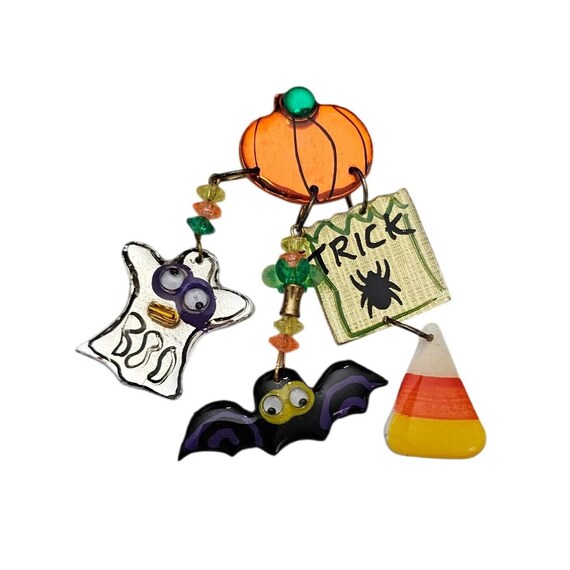 Vintage Kitsch Google Eye Pumpkin Bat Ghost Dangle Brooch Halloween Pin J886