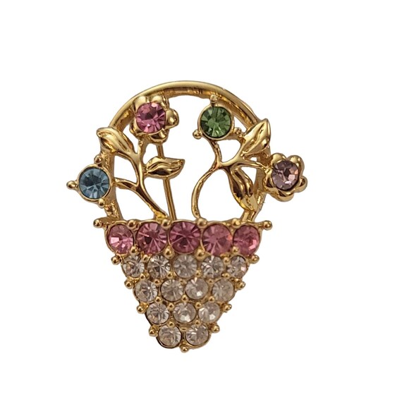 Monet Vintage Gold Tone Pink, Clear Purple Rhinestone Flower Basket Brooch, Signed K883