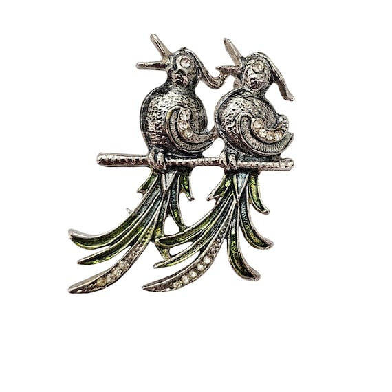 Czech Bird Pair Brooch Blue Green Clear Rhinestone Pin Signed, C648