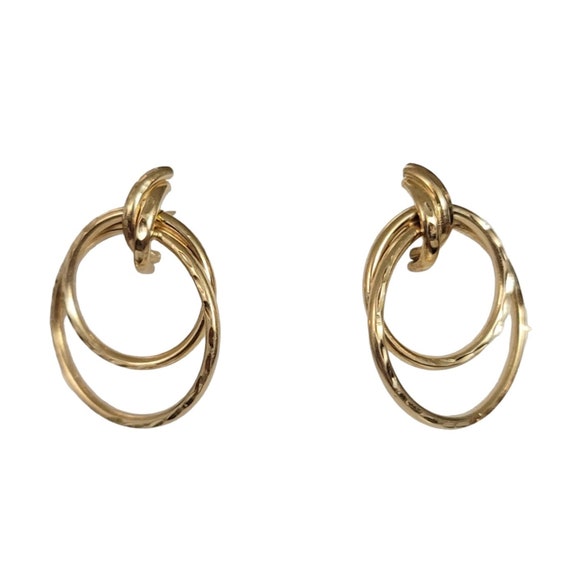 14K Yellow Gold Etched Entwined Hollow Open Circles Post Earrings E45