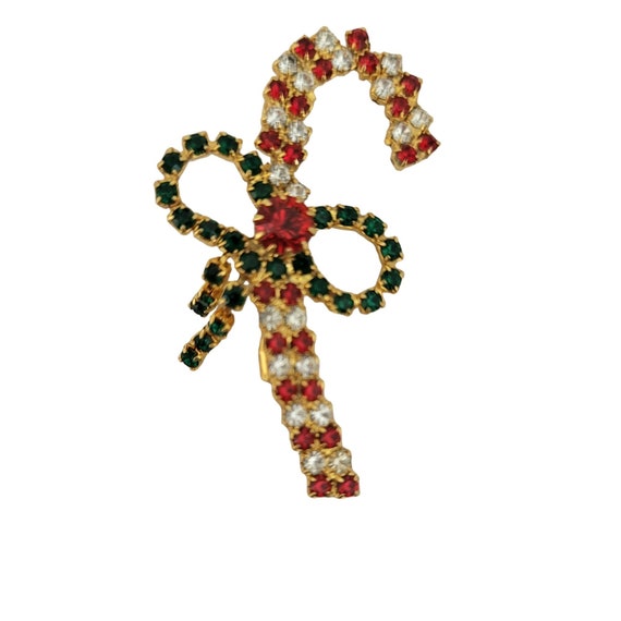 Red Clear Green Prong Rhinestone Gold Tone Candy Cane Brooch Pin, M329