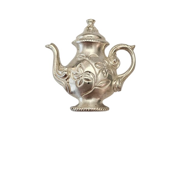Sterling Silver Repoussé Coffee Teapot Brooch Vintage Elegant Pin J631