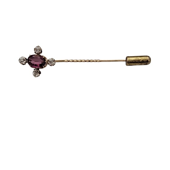 10K Yellow Gold Purple Tourmaline and Glass Prong Set Lapel Stick Pin K577