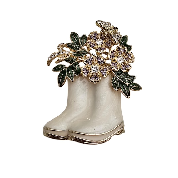Anne Klein Brooch White Rain Boots Rhinestone Flowers Green Enamel Bee Pin J494
