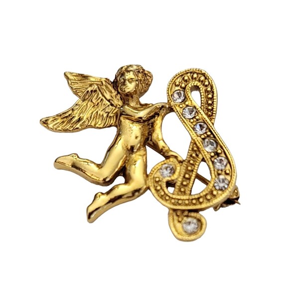 1928 Brand Gold Tone Clear Rhinestone Ampersand Font “S” Angel Cherub Pin, K656