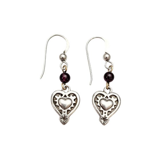 Sterling Silver Garnet Bead French Hook Earrings Heart Dangle C825