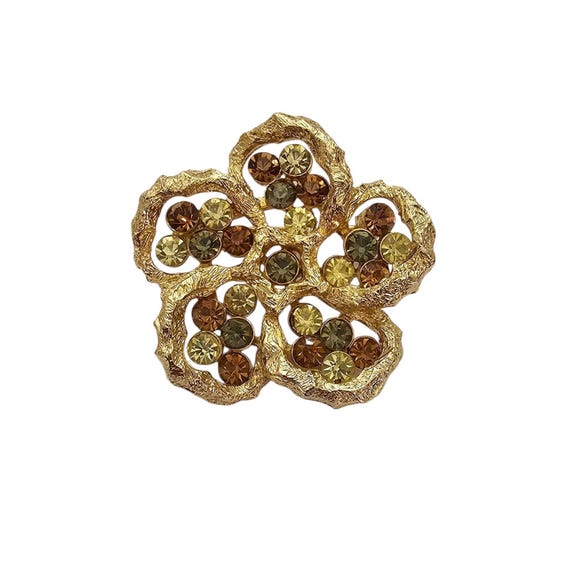 Coro Gold Tone Flower Brooch Smoky Jonquil Topaz Rhinestone Pin, Signed