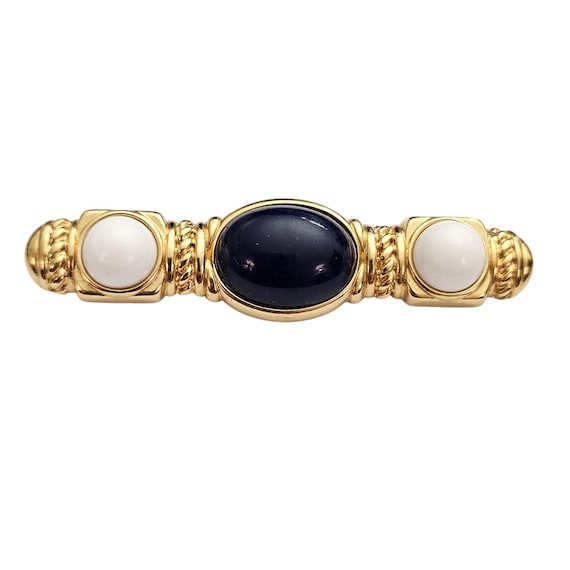 Monet Gold Tone Vintage Navy Blue White Oval Cabochon Bar Brooch Signed,  J384