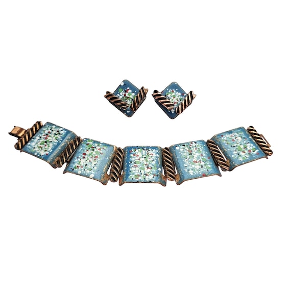 Mattise Renoir Blue Speckled Copper Enamel Panel Bracelet Clip-On Earrings J622