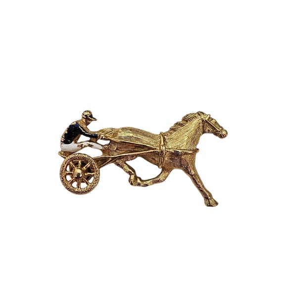 Harness Horse Driver Brooch, Articulated Wheel, Gold Tone, Enamel Signed Gerry's L500