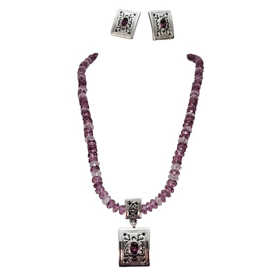 Lady Remington Purple Post Earrings & Matching Necklace Set Faceted Cabs, Signed L550