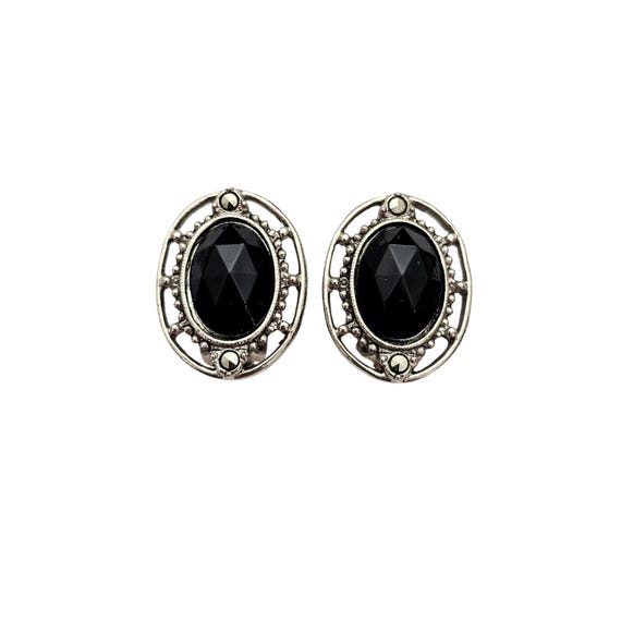 1928 Brand Black Faceted Glass, Clip On Marcasite Earrings J586