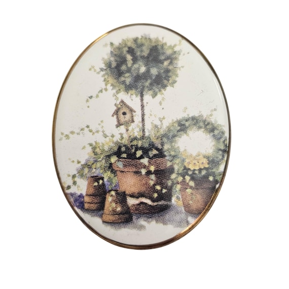 Bone China Glazed Style Bird House Topiary Brooch Oval Pin J493