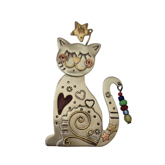 Silver Tone Bead Dangle On Tail Smiling Whimsical Cat Brooch Pin E670