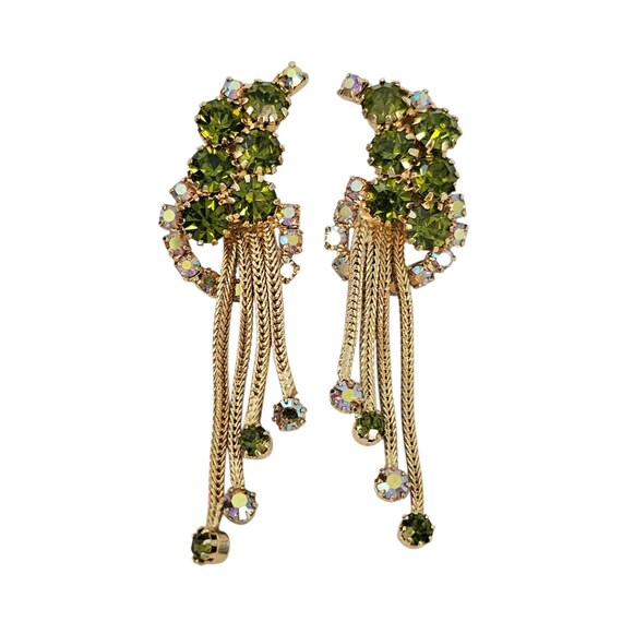 Green, Pink AB Rhinestone Cluster Waterfall Clip On Earrings